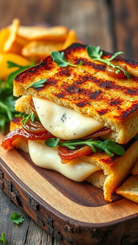 Grilled Ziegenkäse sandwich with caramelized onions and arugula on a wooden board.